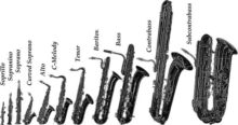 Саксофоны слева направо: сопралино, сопранино, сопрано, кривое-сапрано, альт-саксофон, cаксофон in C, тенор, баритон, бас, контбас, субконтрбас-саксофон