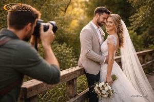 Свадебная фотосессия на природе, невеста и жених на мостике среди зелени