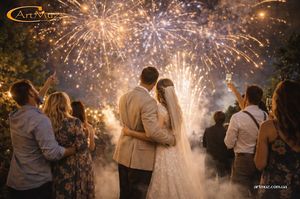 Финал свадьбы, молодожёны и гости смотрят праздничный салют Финал свадьбы, молодожёны и гости смотрят праздничный салют