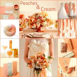 Персиково-кремовая свадьба: платья невесты и подружек, букет пригласительные, бутоньерка, аксессуары
