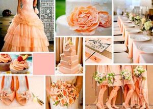 Свадьба с оттенками персика в платье невесты, цветах, торте, пригласительных, туфли, украшение зала