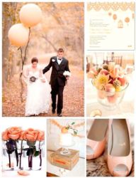 Персиковая свадьба с белым оттенками в аксессуарах, платье невесты, шарах, обуви, украшениях, подарках