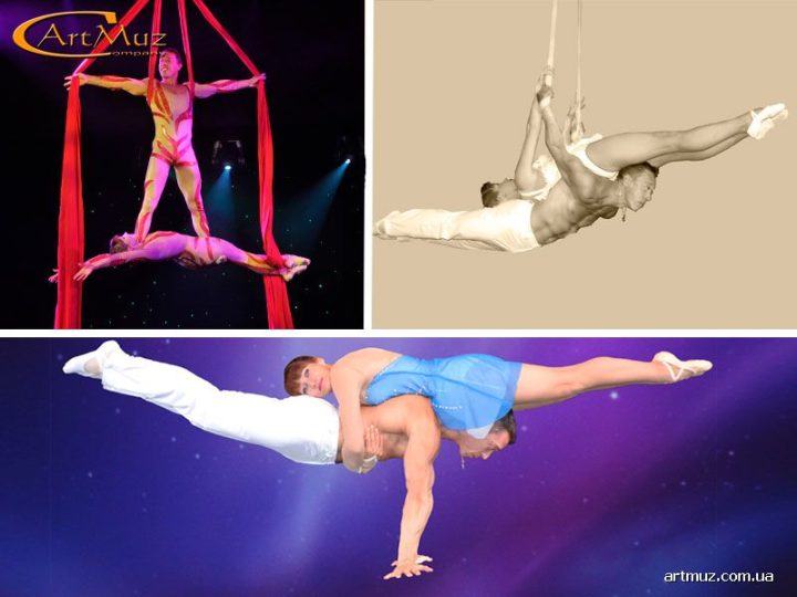 Дует повітряних гімнастів на ременях, полотнах, акробати adagio Primavera на заходи в Києві, Україні